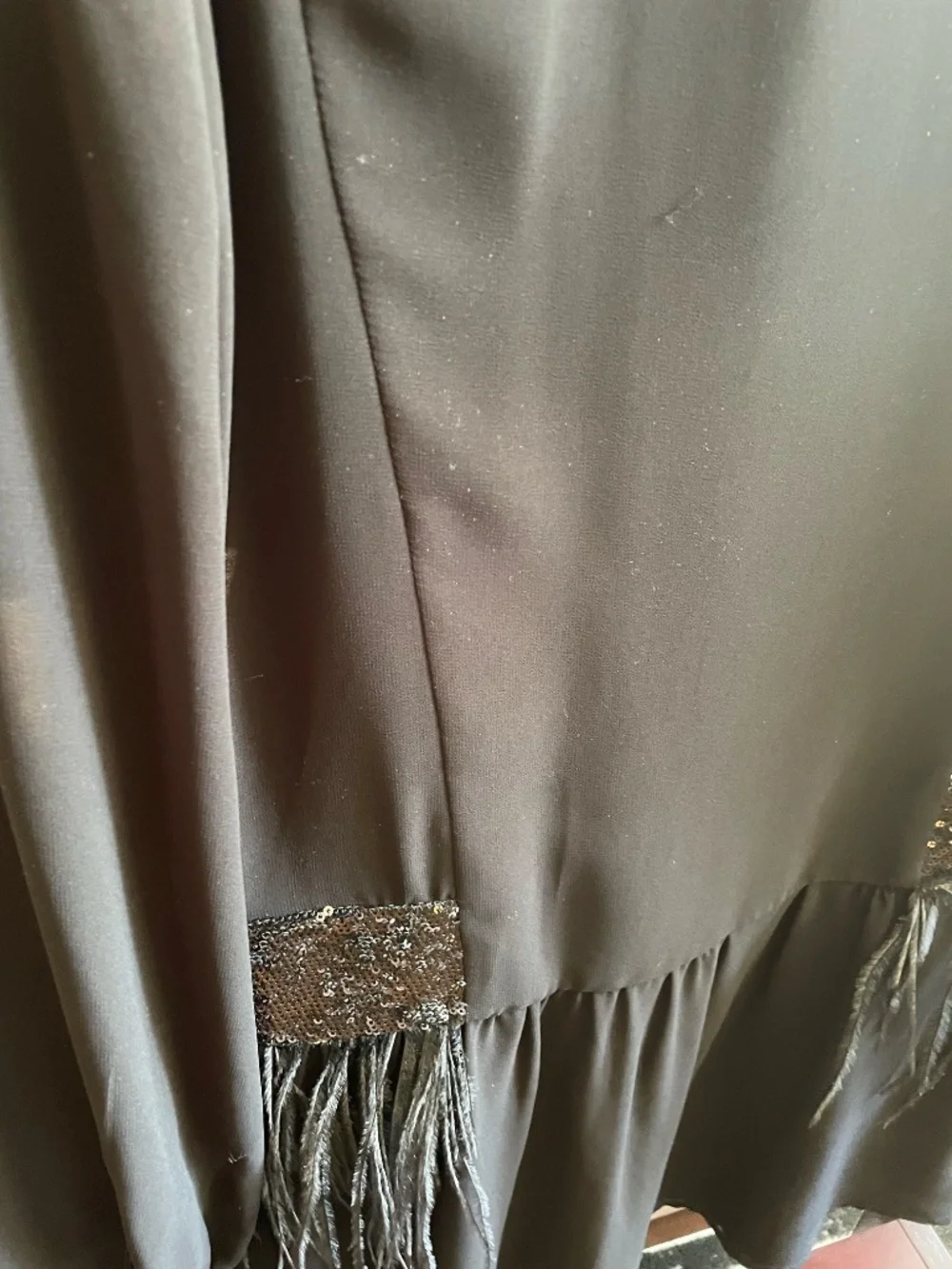 Italy Designer Black Silk Mini Dress | Sequin & Feather Detail | S - Picture 5 of 6
